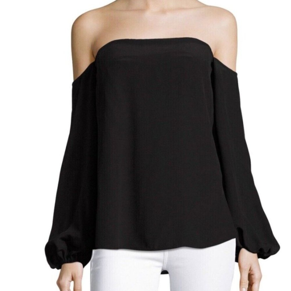 Theory Laureema off shoulder Mosaic Silk Top, Black Size 10 MSRP $295, NWT